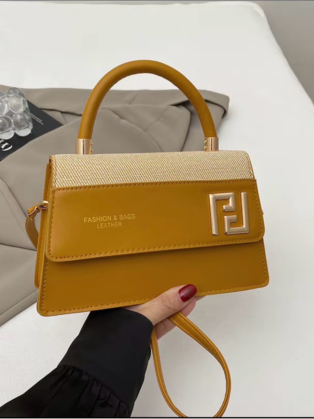 Mustard Top-Handle Satchel with Gold Accents